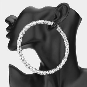 Twisted Silver Metal 4" Hoop Earrings Thick Textured Casual Everyday Jewelry